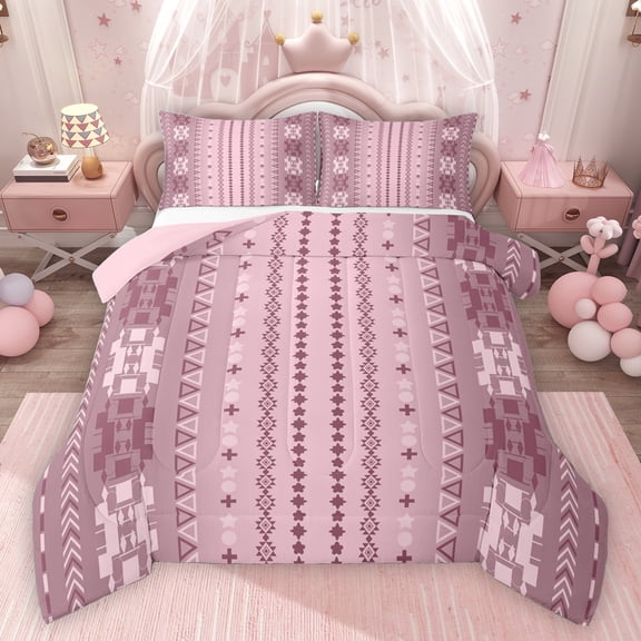 jejeloiu Retro Aztec Geometric Bedding Comforter Set,Vintage Boho Tribal Twin Comforter Sets,Pink Triangle Cute Flower Bedding Set For Men Women,Breathable Home Decor Reversible,2pcs