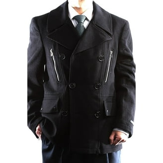 London Fog Men's Austin Double Breasted Wool Pea Coat, Black