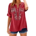 thumbnail image 2 of Women's Short Sleeve T-Shirt Red 2026 Must-Have V-Neck Linen Shirt: Women's Chic Casual Button Down Loose Fit for Spring and Summer, 2 of 5