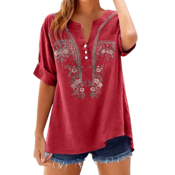 Womens Tops Fashionable Casual V Neck Button Down Cotton and Linen Top T Shirt
