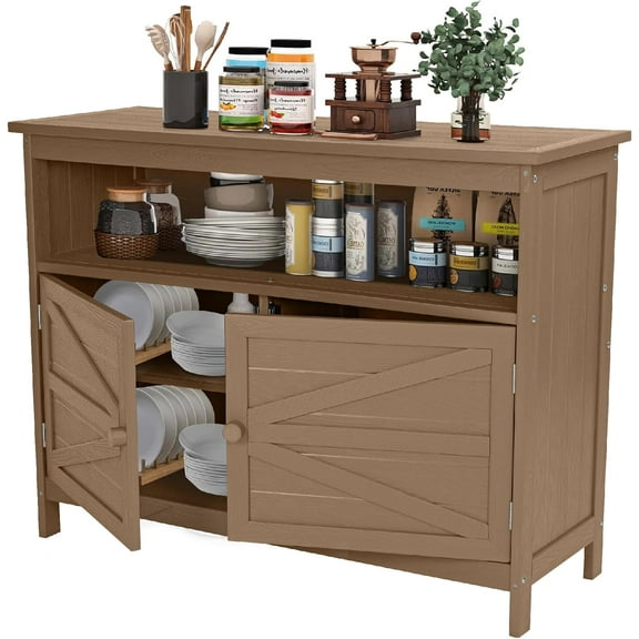 HIPS All-Weather Outdoor Storage Cabinet,Outdoor Sideboard with Magnetic Doors,3-Shelves Patio Storage Cabinet, Used for Garden,Buffet Cabinet,TV Stand, Bar Table,Balcony