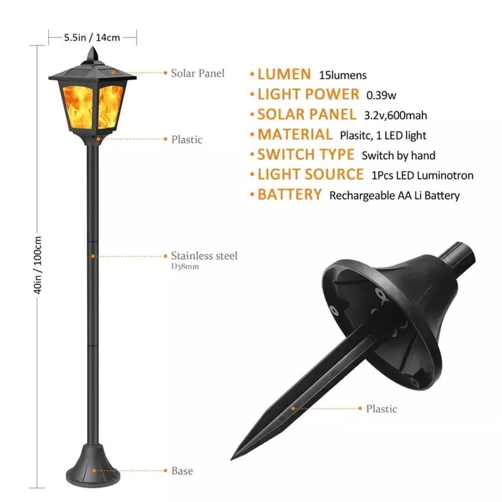 2 Pcs 42'' Solar Post Flame Light Lamp Outdoor Led Waterproof Street Garden Lawn