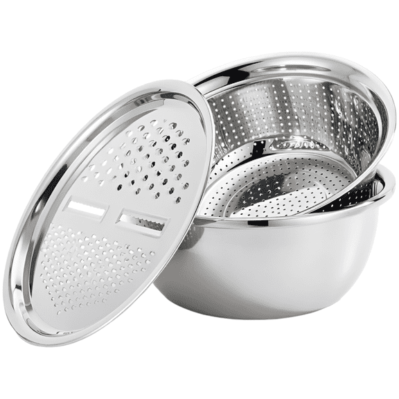 2026 Upgraded Multifunctional Stainless Steel Basin, 3-in-1 Strainer and Drain Basket for Vegetables, 4-Cutter-Food Graters with Thickened Colander and Mixing Bowl for Professional Kitchen