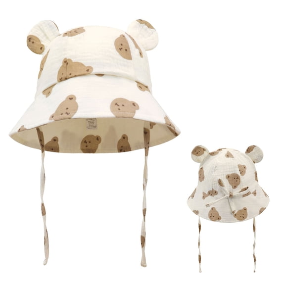 Krdevn Baby Floral Print Bear Ear Bucket Hat UPF50 Adjustable Chin Toggle Wide Brim Sun Fisherman Cap Size:S