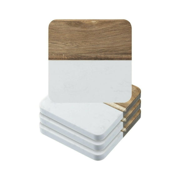 Craft Express 4 Pack Engravable Square Marble and Wood Coasters – 4"x4" Laser-Ready