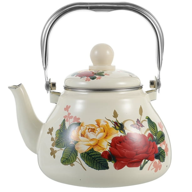 Tetera de esmalte con estampado floral, estilo vintage de granja, para hervir agua y café.