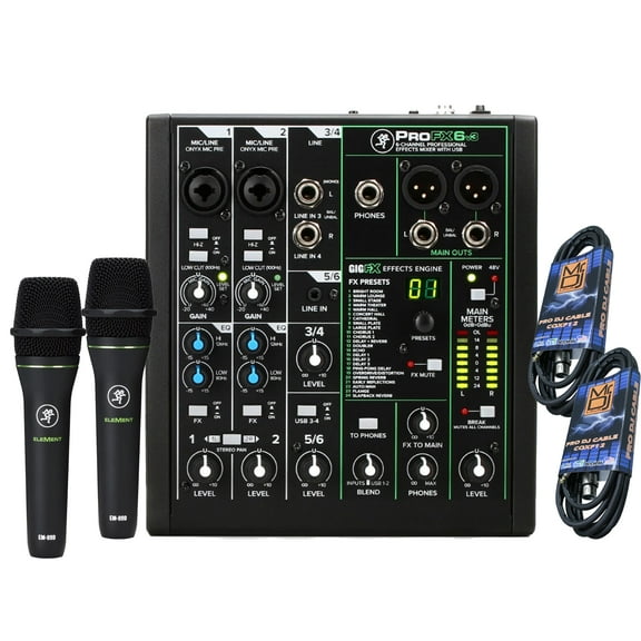 Mackie ProFX6v3 6-Channel Mixer with Built-in Effects and USB   2 Mackie EM-89D Cardioid Dynamic Vocal Microphone   Free Microphone Cables
