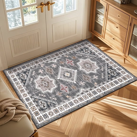 MeyJey Oriental Indoor Area Rug 3'x5' Non-Slip Machine Washable Vintage Distressed Floor Carpet for Living Room Bedroom Dining Kitchen Hallway, Gray/Brown