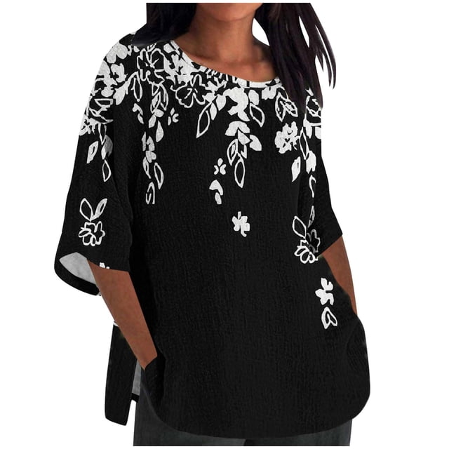 Birdeem Blouses pour Femmes Femmes Dames Mode Décontractée Court Manches 3/4 Imprimé Coton Chemise Ample Blouse Haut