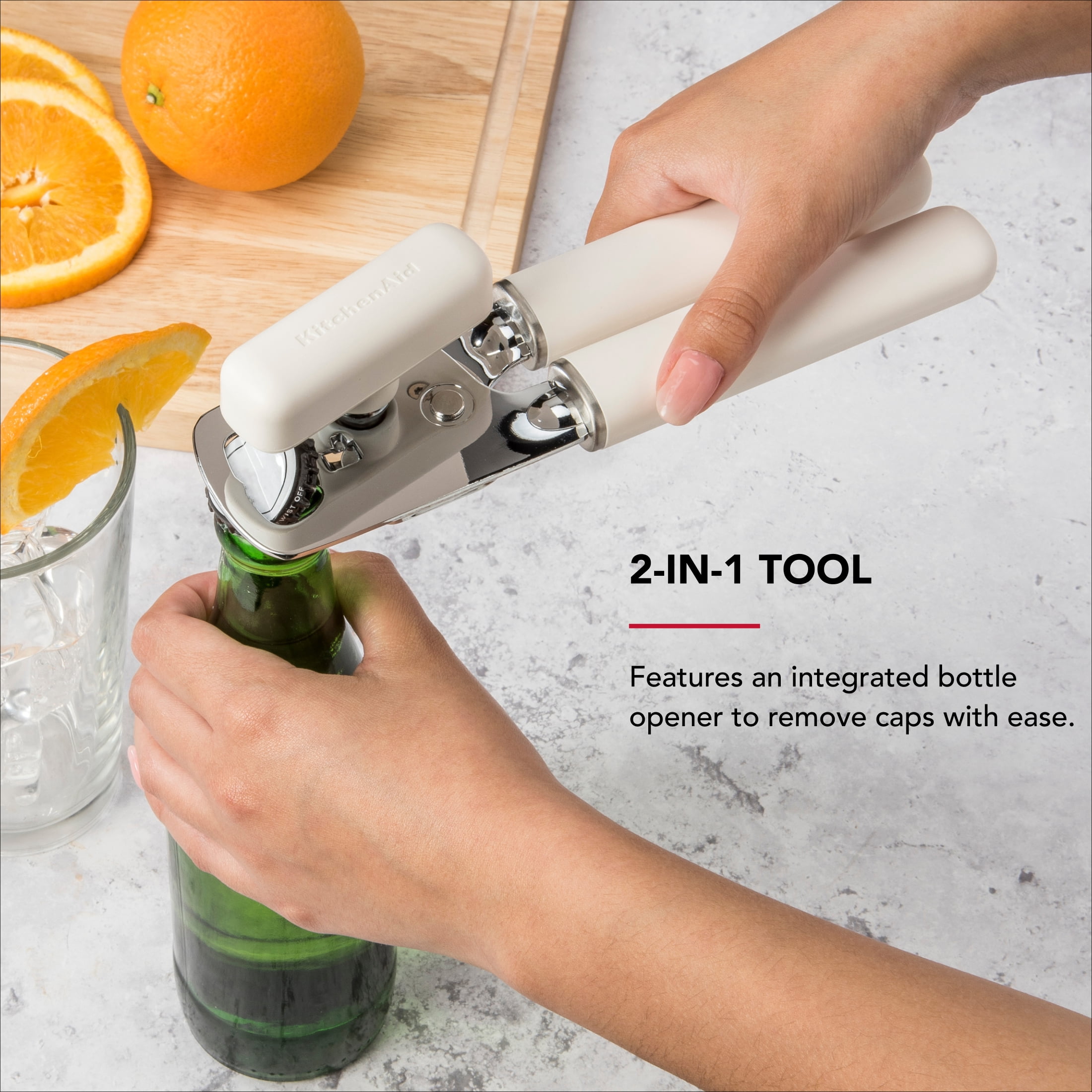 KitchenAid Stainless Steel Manual Can Opener with Bottle Opener and Ergonomic Grip, Porcelain