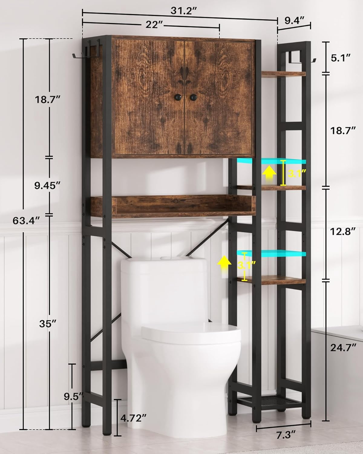 iSunirm Over The Toilet Storage Cabinet with Doors, 7 Tier Freestanding Bathroom Organizer with Adjustable Shelf & 4 Hooks for Bathroom, Restroom, Laundry, Rustic Brown
