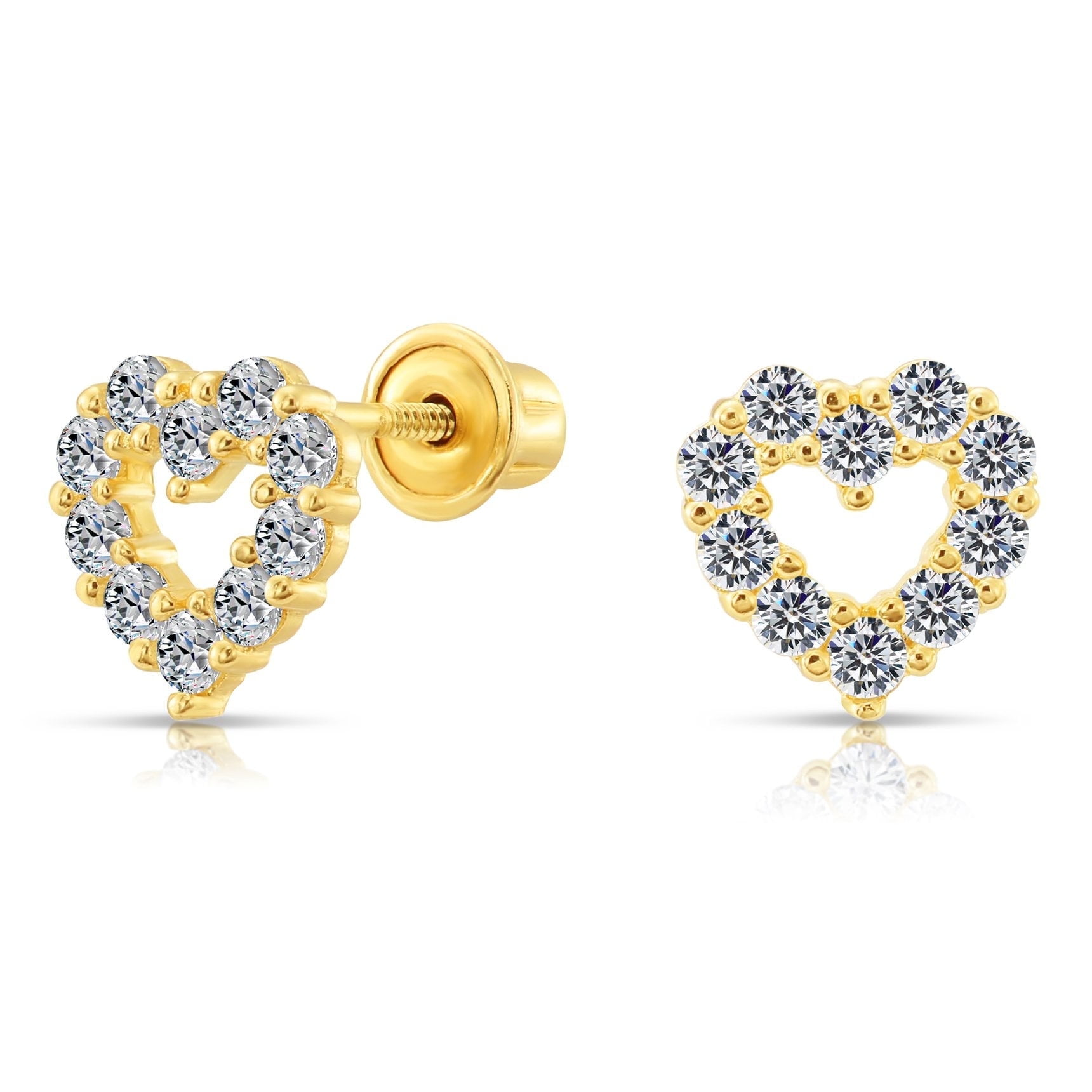 Tilo Jewelry 10K Yellow Gold Small Open Heart CZ Stud Post Earrings with Secure Screw-Backs | Everyday Dainty Small Earrings for Women & Unisex