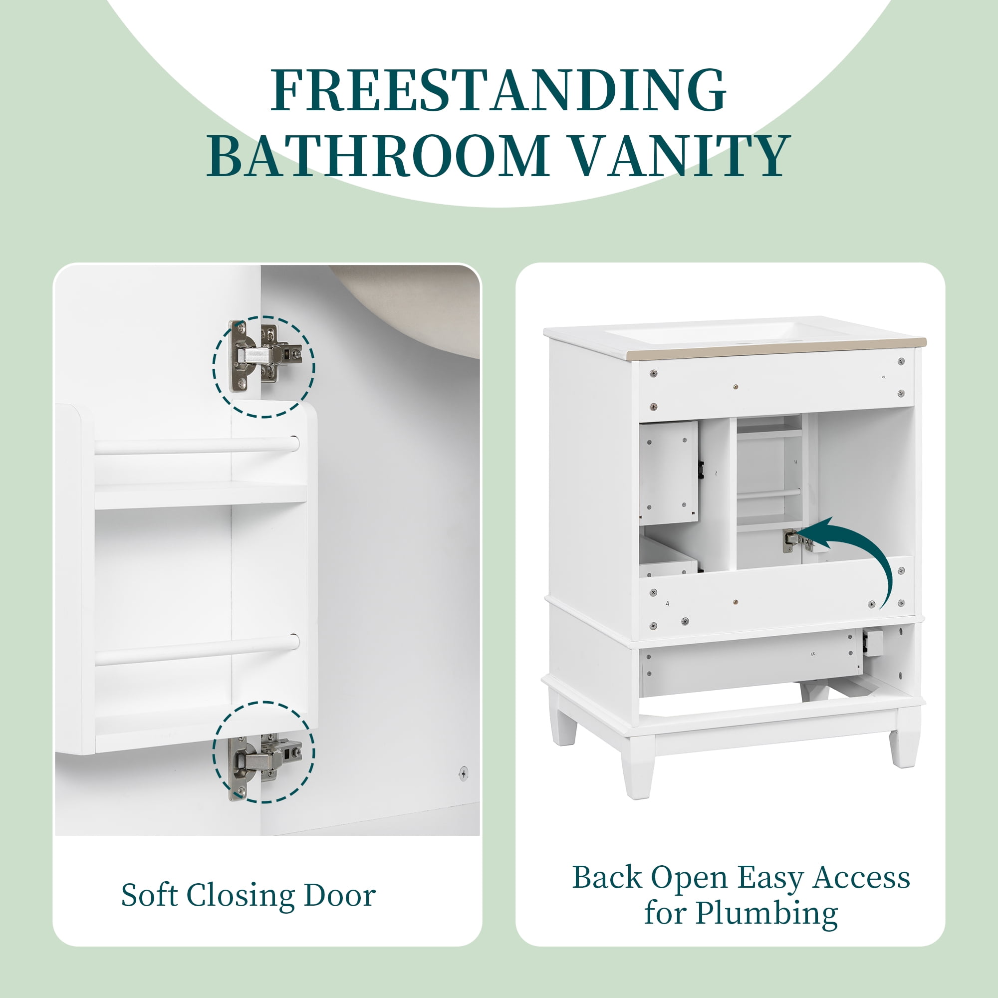 Euroco 24” Bathroom Vanity with Sink Combo, Freestanding Cabinet with 3 Drawers and Side Storage,MDF & Poplar Wood, Ceramic Top with Integrated Sink