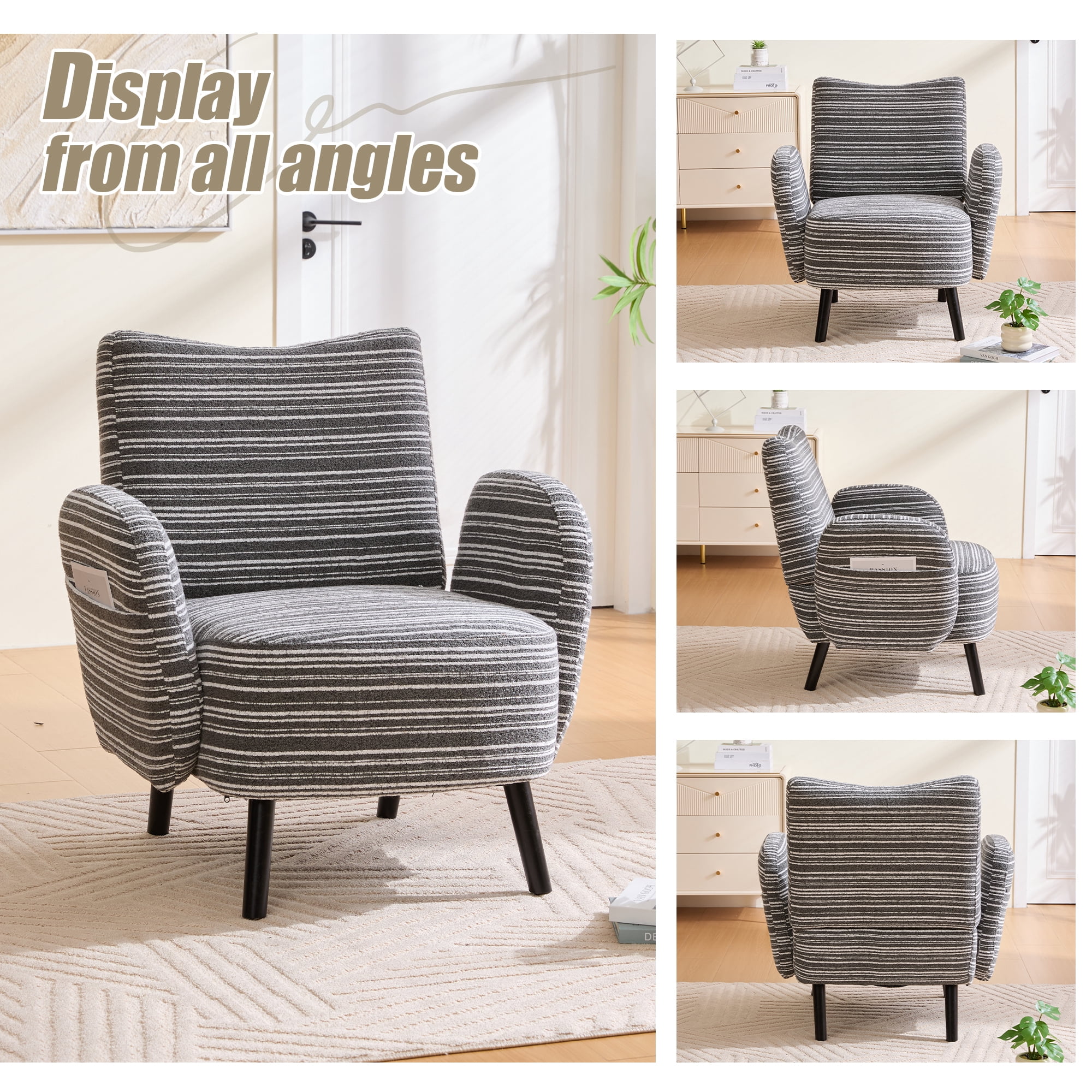 Leumius Armchair with Side Storage Pocket and Solid Wood Legs, Comfortable Reading Chair with Sanded Fabric for Living Room Bedroom Office Dark Gray