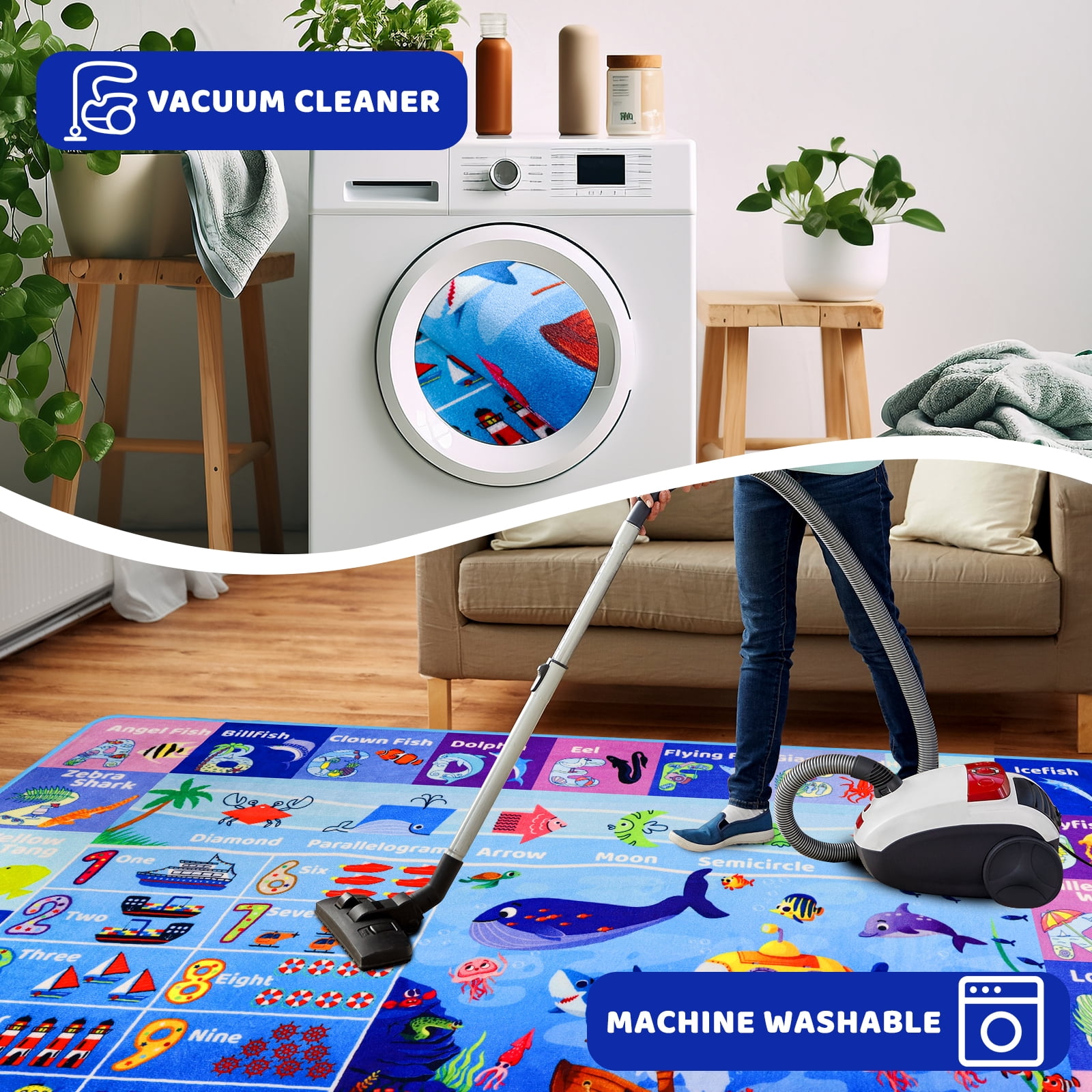 AKASISRUG ABC Kids Rug for Playroom 47"×31.5" Ocean Rug Baby Play Mat Alphabet Rug Sea Animal Number Shape Classroom Rug Kids Playroom Rug Early Learning Carpet for Preschool Toddlers