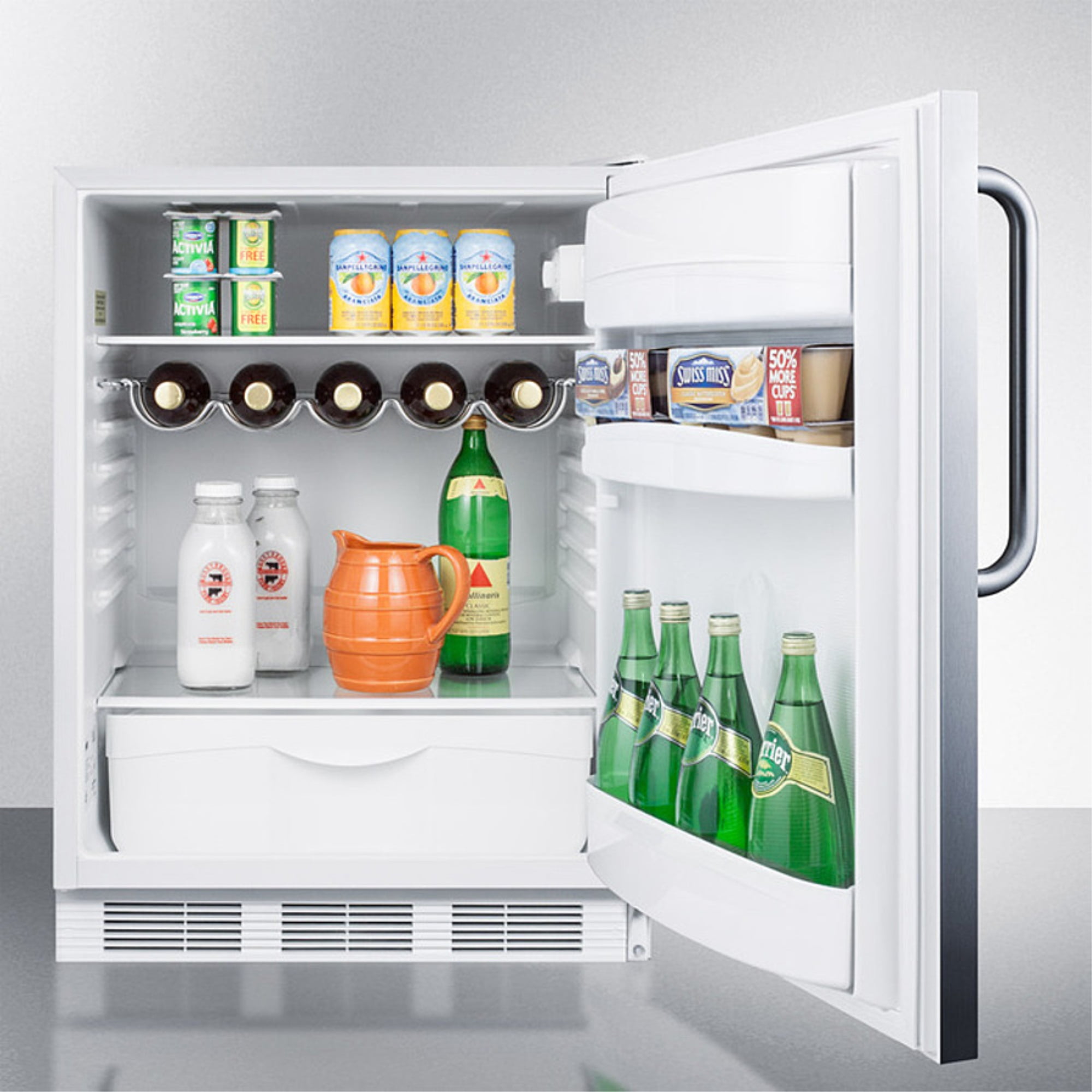 ADA compliant freestanding refrigerator-freezer for residential use, cycle defrost with deluxe interior, SS wrapped door, thin handle, and white cabinet