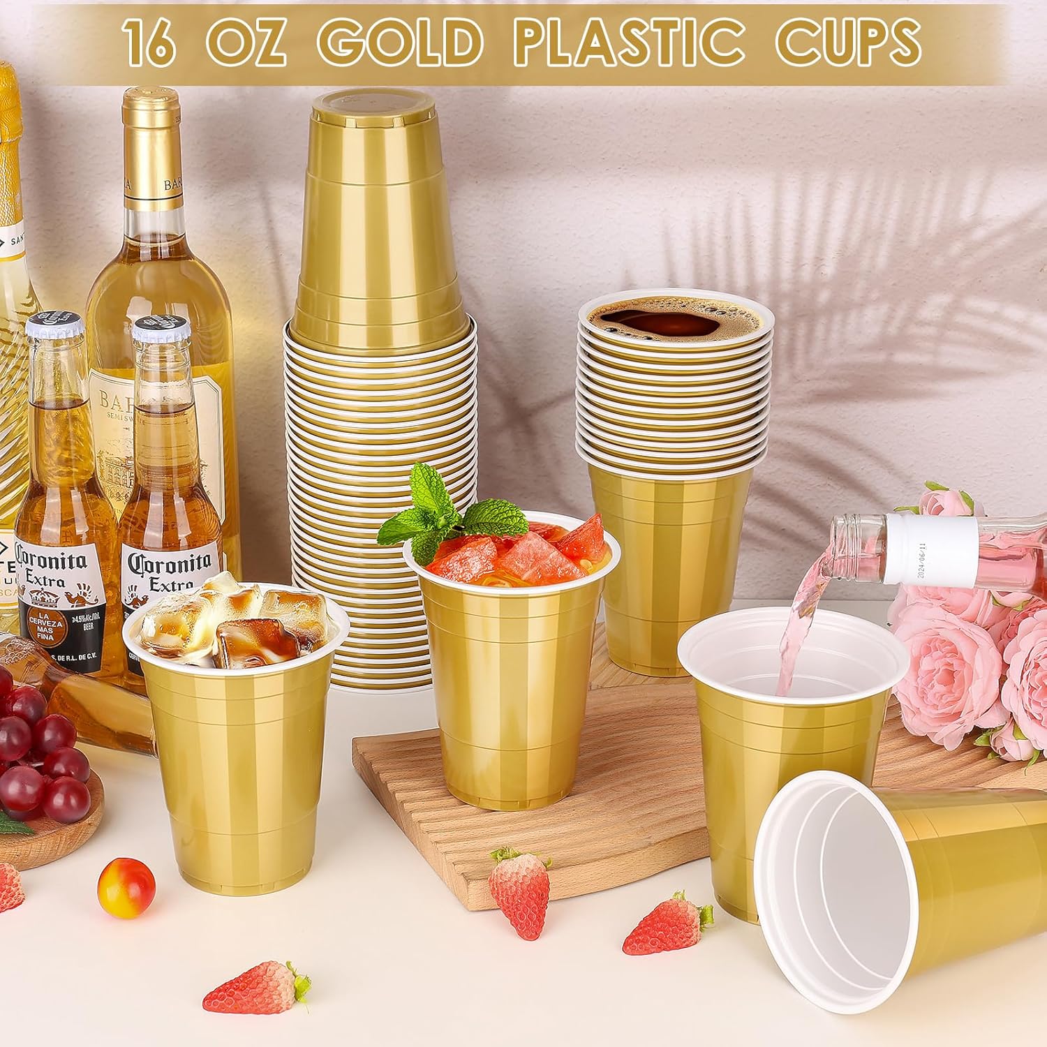 100 Pack 16 oz Gold Plastic Cups, Disposable Plastic Party Cups, Heavy Duty Drinking Water Cup for Wedding Birthday Graduation Valentine's Day Christmas Baby Shower Picnic Barbecues Supplies