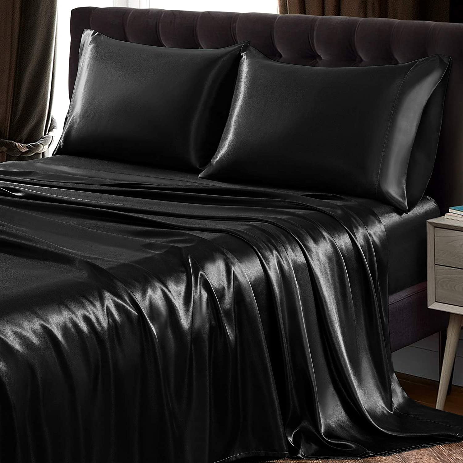 Htooq 4pcs Satin Sheet Set California King Size Ultra Silky Soft Black Satin Bed Sheets With Deep Pocket 1 Fitted Sheet 1 Flat Sheet 2 Envelope Cl