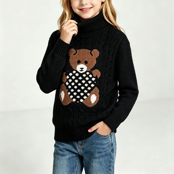 Qulqfy Girls Sweaters Knit Bear Print Long Sleeve High Neck Cute Comfy Pullover Black Toddler Fall Outfits Size 2T