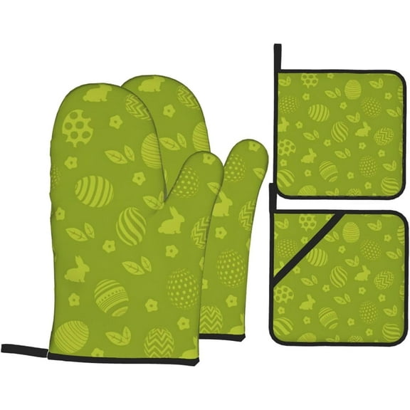 Easter Oven Mitts and Pot Holders Sets 4 pcs, Kitchen Oven Gloves Heat Resistant Cooking Gloves Non Slip Oven Mitts Gloves Set Hot Pads BBQ Gloves for Chef, Baking, Cooking, BBQ