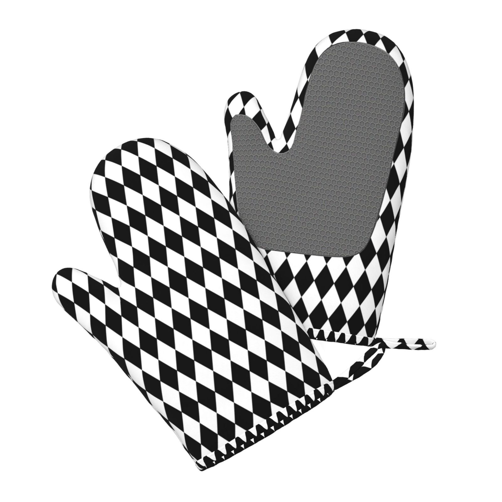 Hirioo Black And White Diamonds for Silicone Oven Mitts for BBQ, Baking, Cooking, Set of 2, Heat Resistant 260℃, Non-Slip Kitchen Essentials