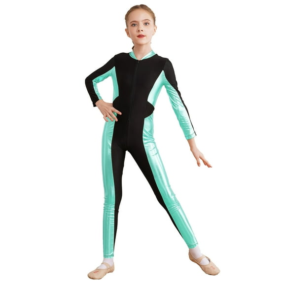 DPOIS Kids Girls Gymnastics Unitard Long Sleeve Jumpsuit Metallic Full Body Bodysuit Blue Green 16