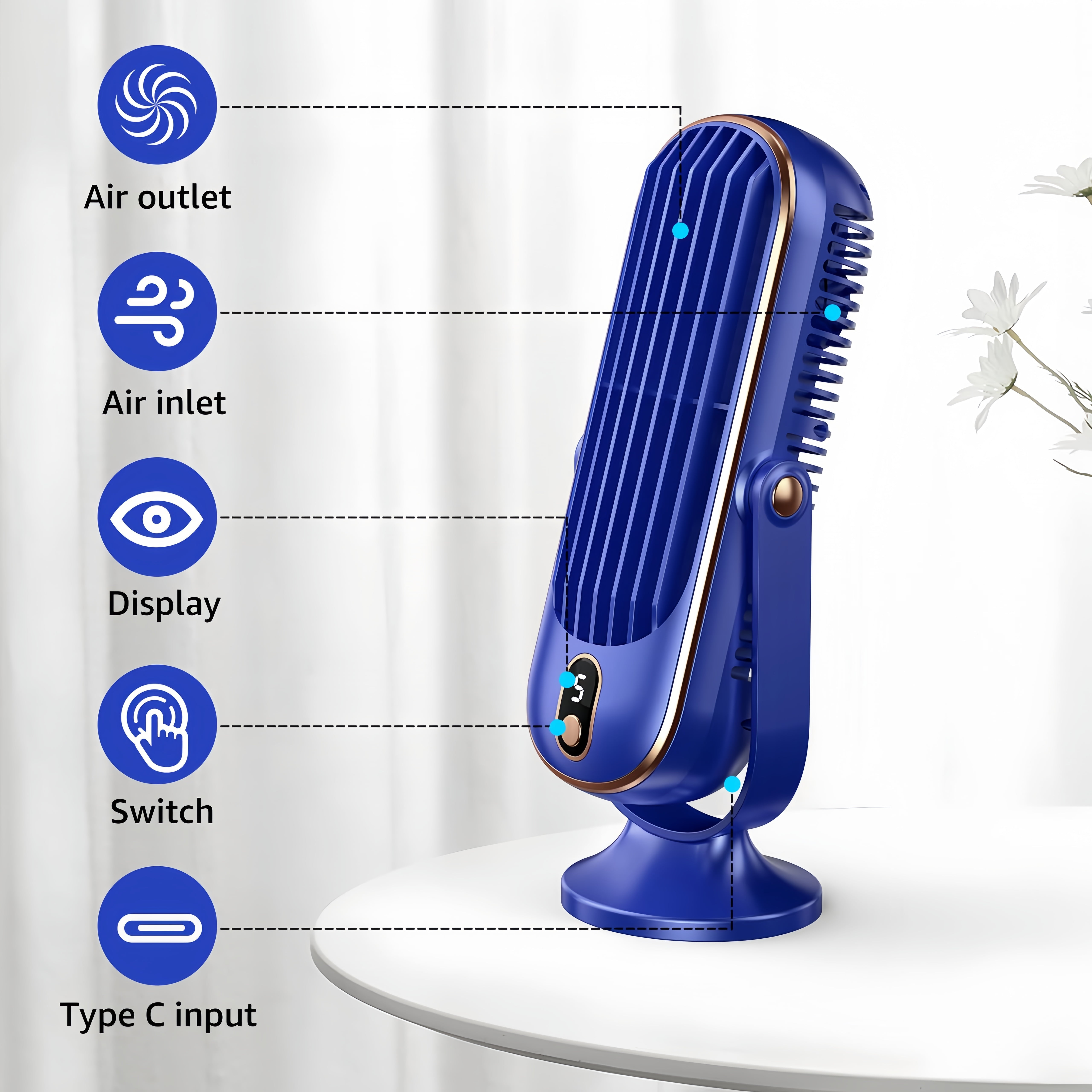 BAKIBO Portable Air Conditioner Fan, Tower Fan Portable Desk Fan with 4000m Dual Motor, 10" Air Cooler, 5-speed Air Cooling Fan 720 ° Surround Air Blower, Office, Tourism, Camping, Outdoor USB Fan