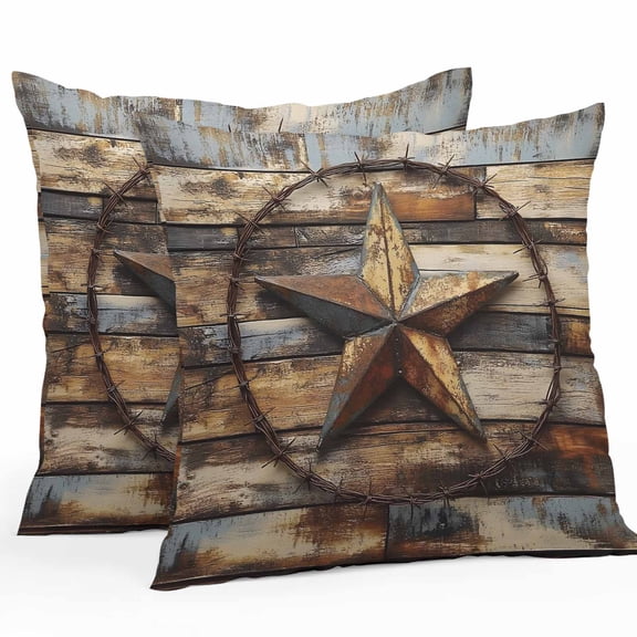 Outdoor Throw Pillows Covers 18X18 Set of 2 Waterproof Vintage Farmhouse Barn Star Decorative Zippered Cushion Covers for Patio Furniture, Rustic Wood Textured Striped Lumbar Pillowcases