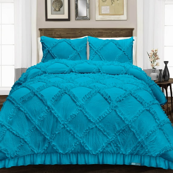 SGI Bedding 3 Piece Cotton Diamond Ruffle Duvet Cover Turquoise Blue Solid 600TC Calking
