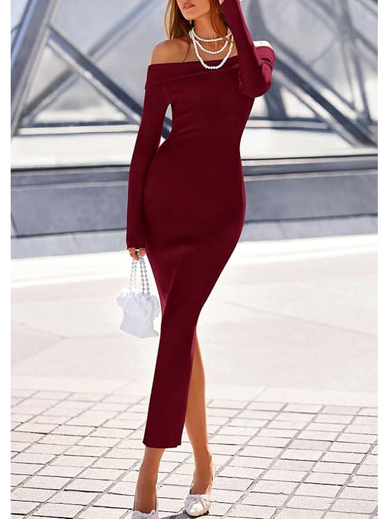 burgundy off shoulder sweater dress Burgundy Long Sleeve Off-Shoulder Maxi Sweater Dress with Scarf Crimson Red / XL