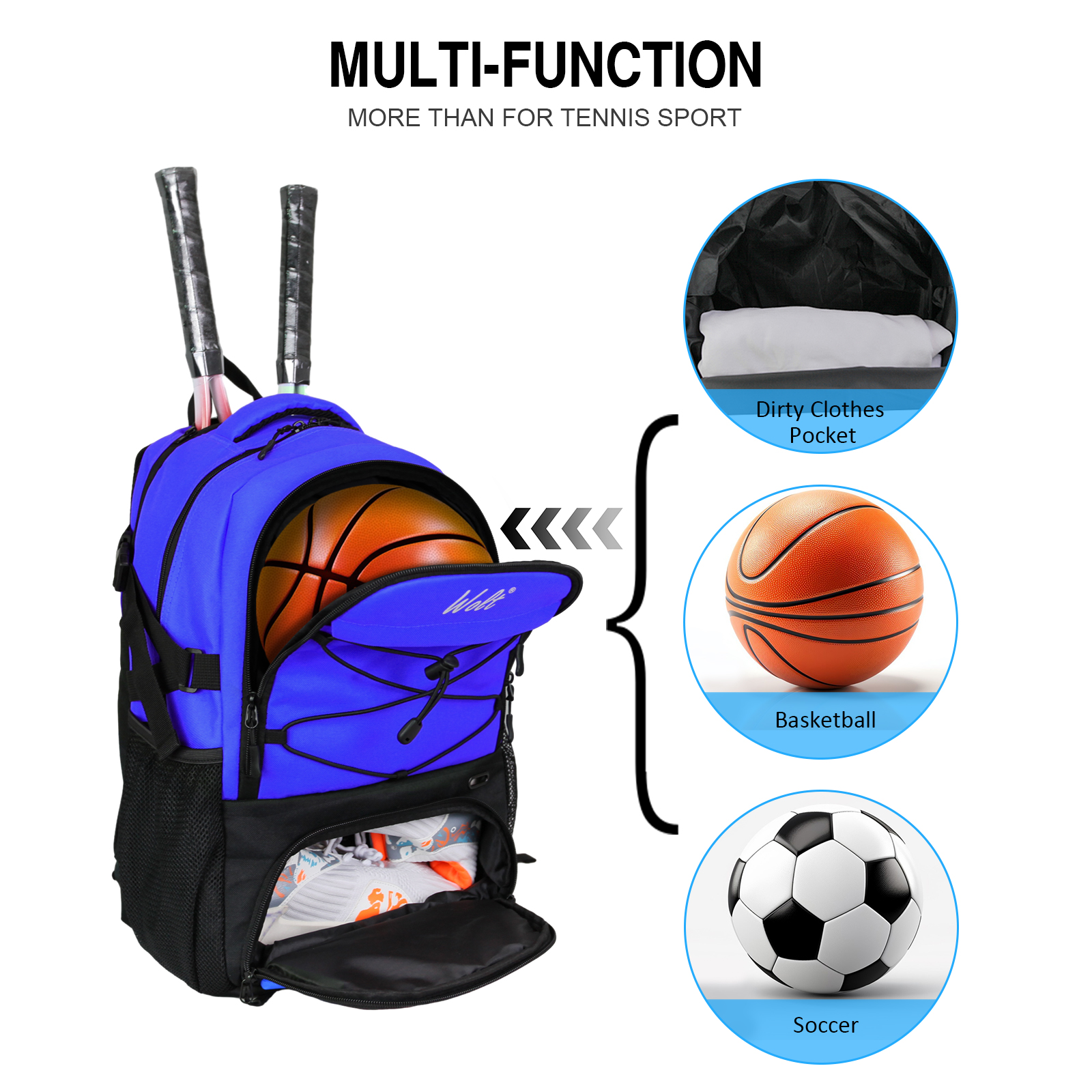 WOLT Pro Tennis Racquet Backpack 34L - 2 Racquet Holder & Ventilated Shoe Compartment Multifunctional Tennis Racket Bag Blue