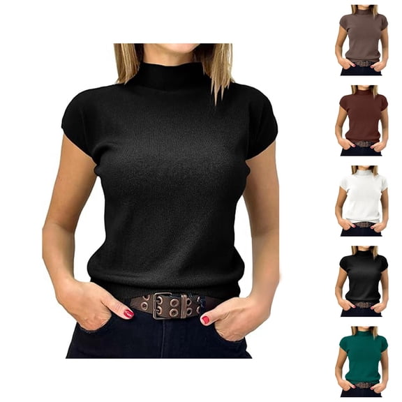 Short Sleeve Sweater for Women Plain Basic Ribbed Knit Neck T Shirts Womens Undershirts