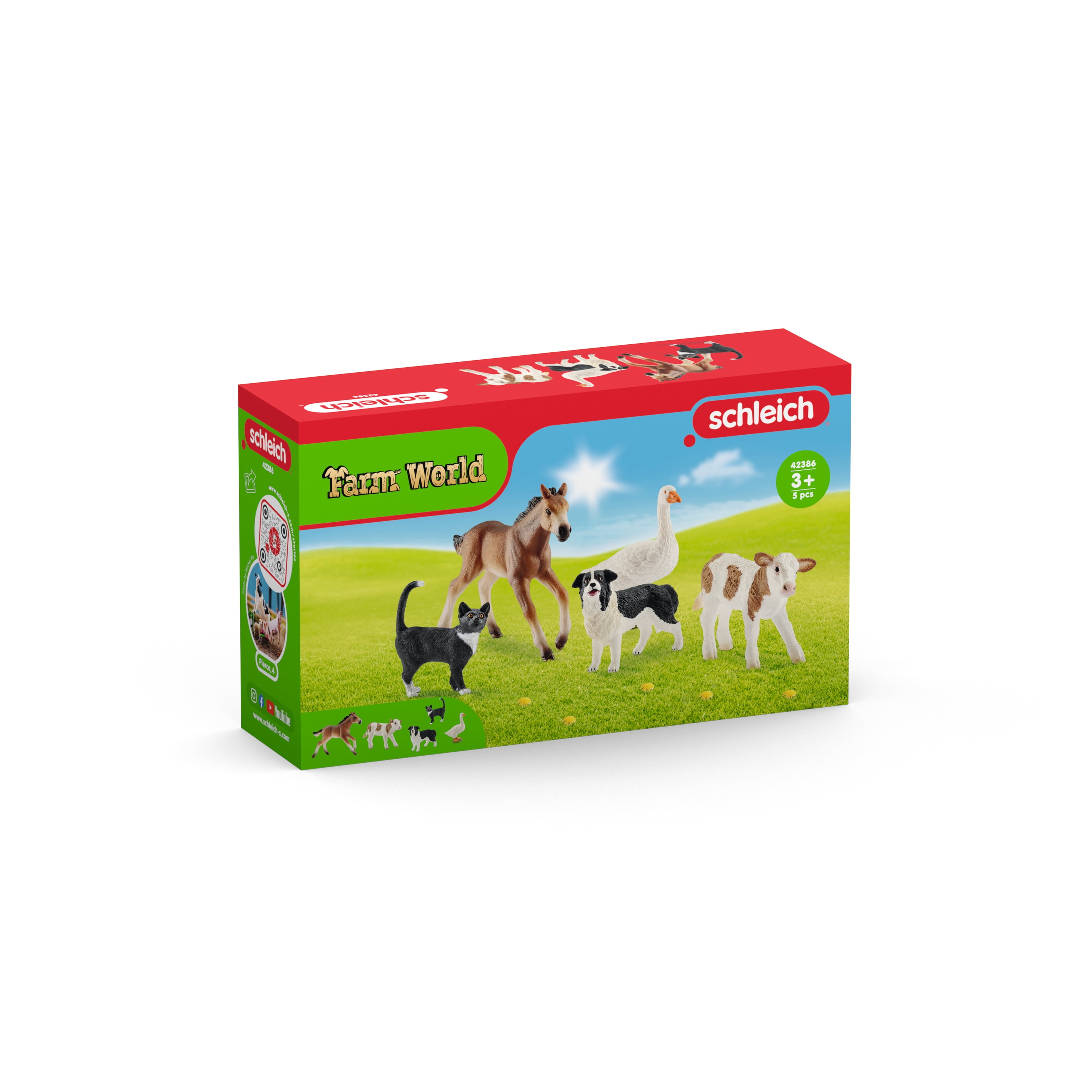 Schleich 5 PCS Farm Animal Figurines with Cow, Horse, Dog, Cat and Goose Toys