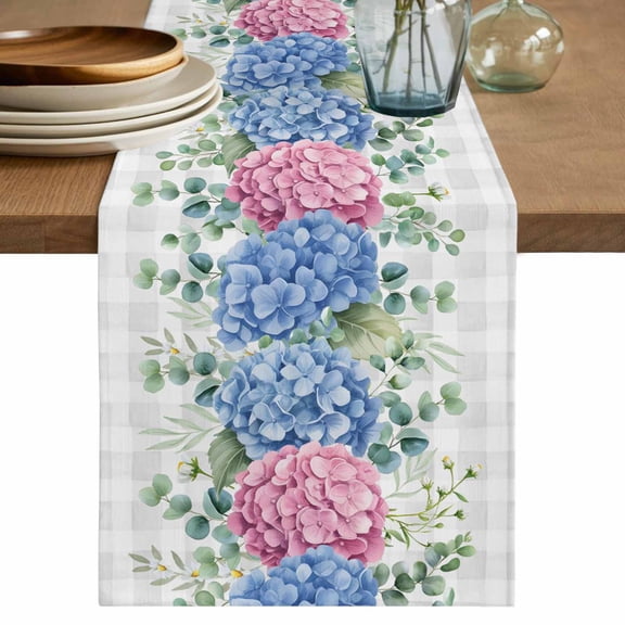 Table Runner 72 Inches Long for Kitchen Dining, Blue Pink Hydrangea Dresser Scarf Farmhouse, Dining Table Decorations for Wedding/Parties, Eucalyptus Leaves Grey Plaid 18 x 72 In