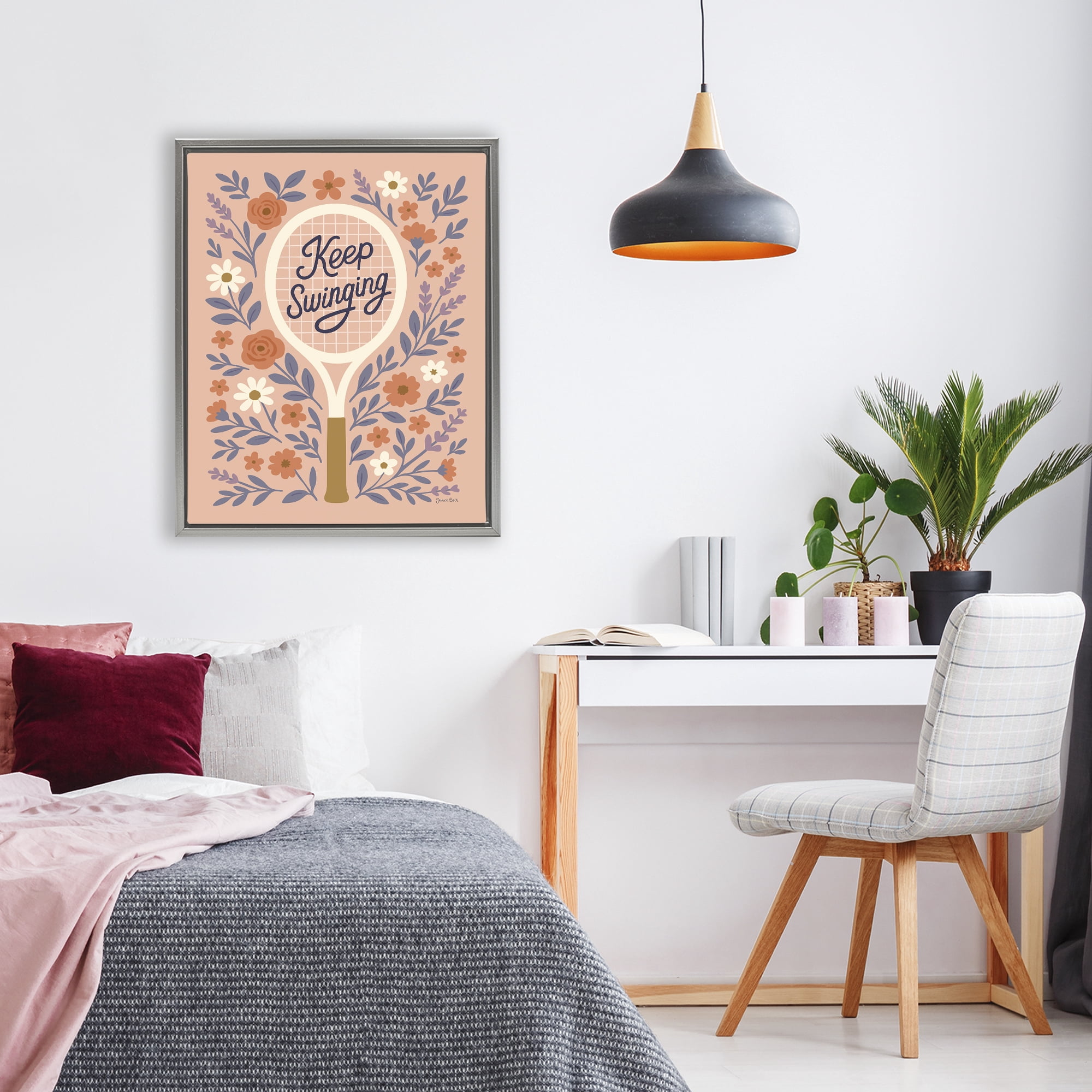 Stupell Industries Keep Swinging Floral Tennis Gray Framed Floater Canvas Wall Art, design by Jessica Beck