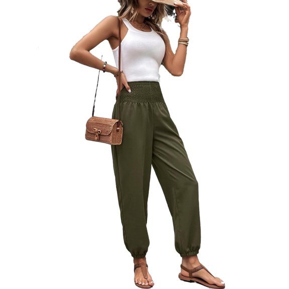 Women's Pants Casual Plain Jogger Green S (4)