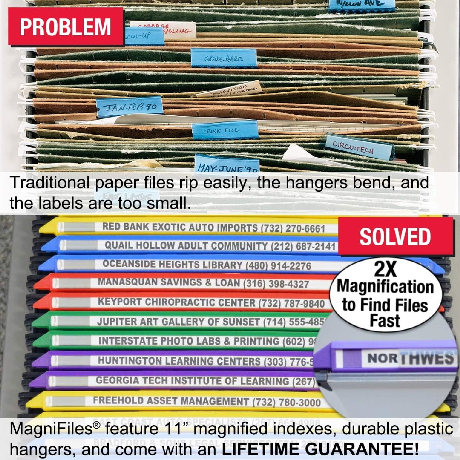 "MagniFile Hanging File Folders V- Bottom Letter Size with 11 inch Magnified Indexes That Double The Size of Your File Titles to Find Files Fast. (Set of 20 Frost) Ultimate Office MagniFile"