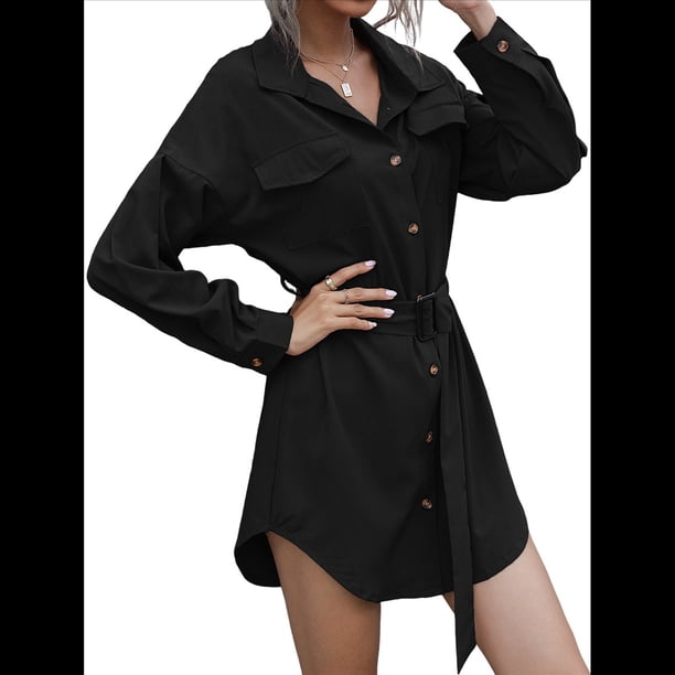 Vestido Camisero Midi de Larga para Mujer, Informal, Liso, con Botones, Bajo Curvo y Cinturón. Negro S