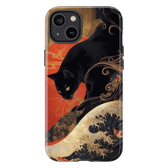 Black Cat & Wave Phone Case, Japanese Art Deco Style iPhone Cover, Elegant Protective Case for iPhone 16 15 14 13 12 11 Plus Pro Max Mini