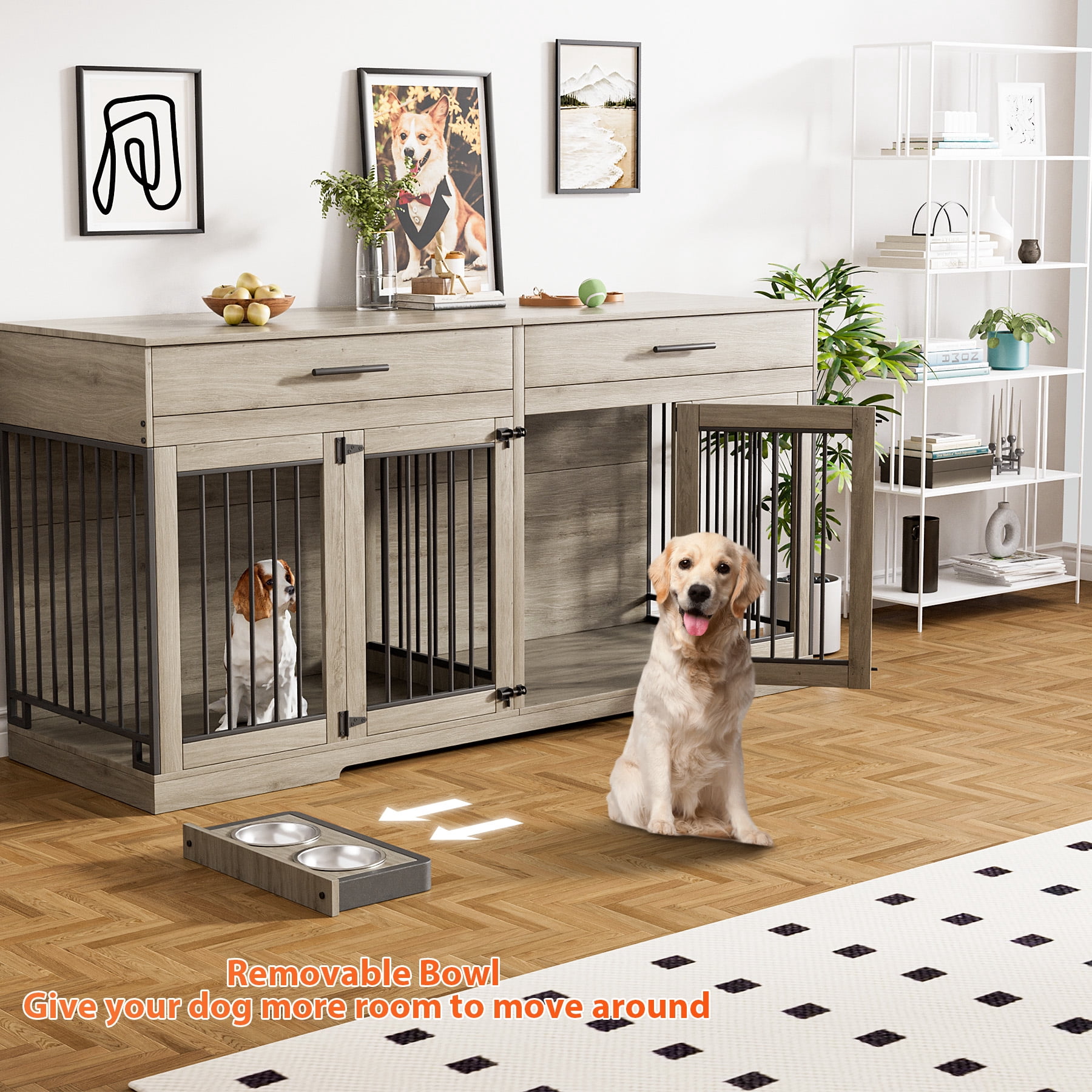 Rophefx 72" Dog Crate Furniture for 2 Dogs,Large Kennel with 2 Drawers and 4 Bowls,Wooden Heavy Duty Indoor Dog House,Grey