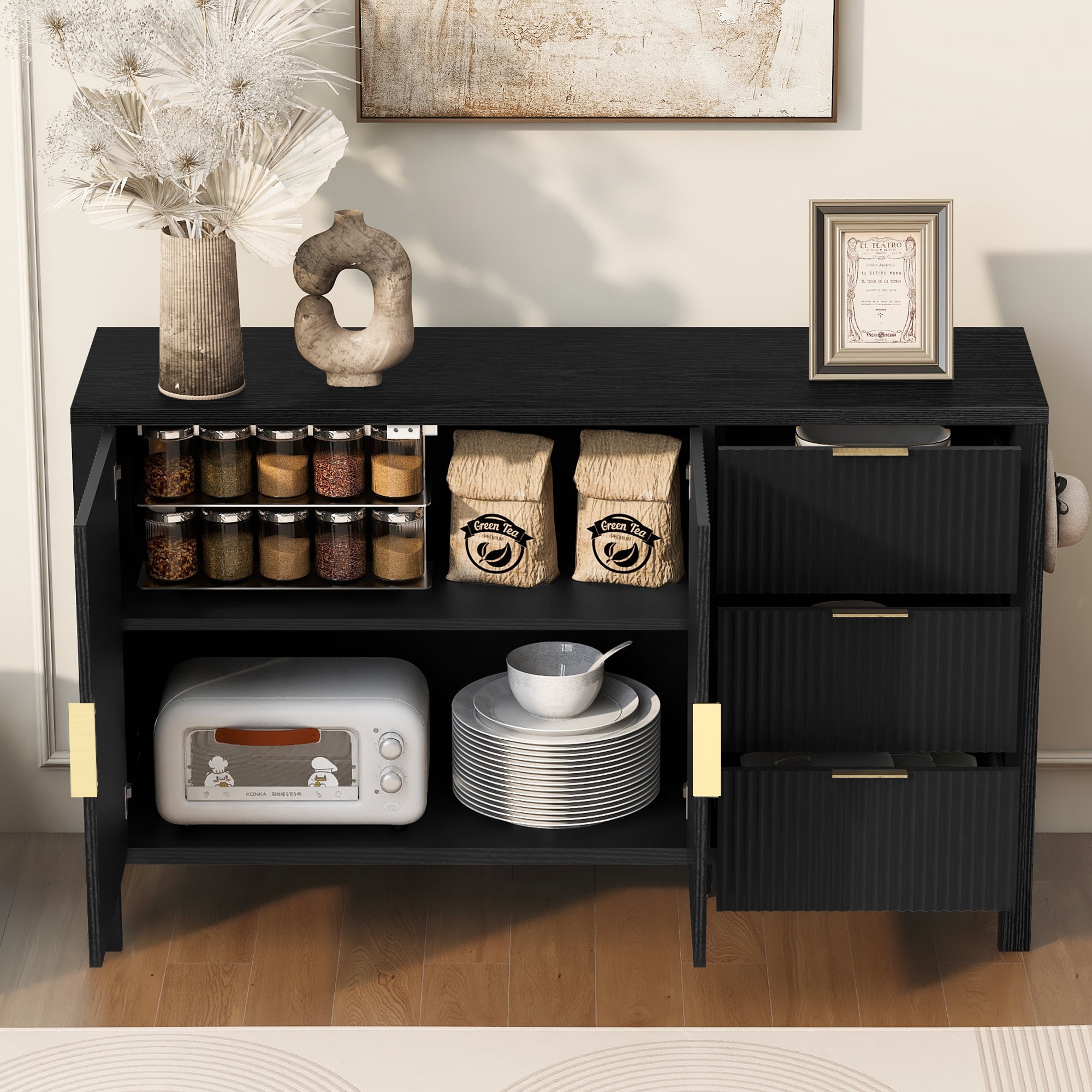 Modern Sideboard with 3 Drawers,Wave-Pattern Storage Buffet Cabinet with Hooks,for Kitchen Living Room,Dining Room