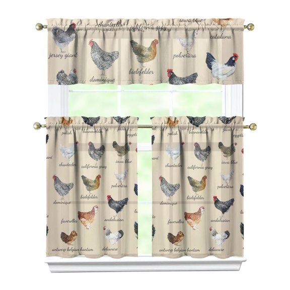 Kitchen Curtains 36 Inch Short - 3 Panel Set with Cute Farmhouse Egg & Chicken Print, Rod Pocket Window Curtain, 100% Polyester for Rustic Coop, Farm Kitchen, Easy Wash