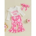 thumbnail image 3 of Baby Girl Outfit Letter Print Playwear 3M 6M 12M 18M Long Sleeve Bodysuits Ribbed Romper + Flower Flare Pants + Bow Headband 2 Piece Set Newborn Infant Clothing for Spring, 3 of 7