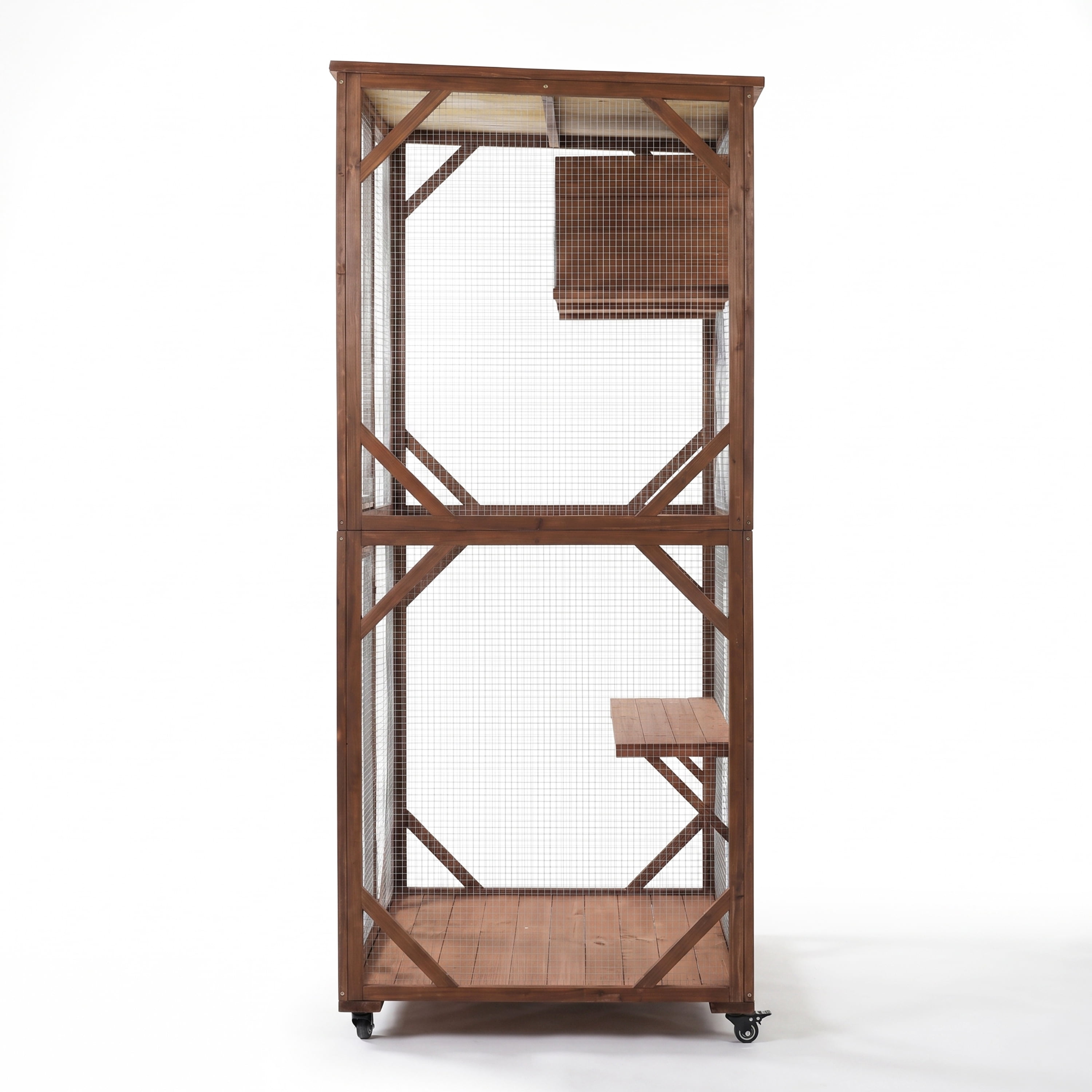 Cat Enclosure 2-Tier with Lockable Wheels and Wire Mesh, Outdoor Wooden Cat Cage and Playpen with Resting House for Backyard, Dark Brown