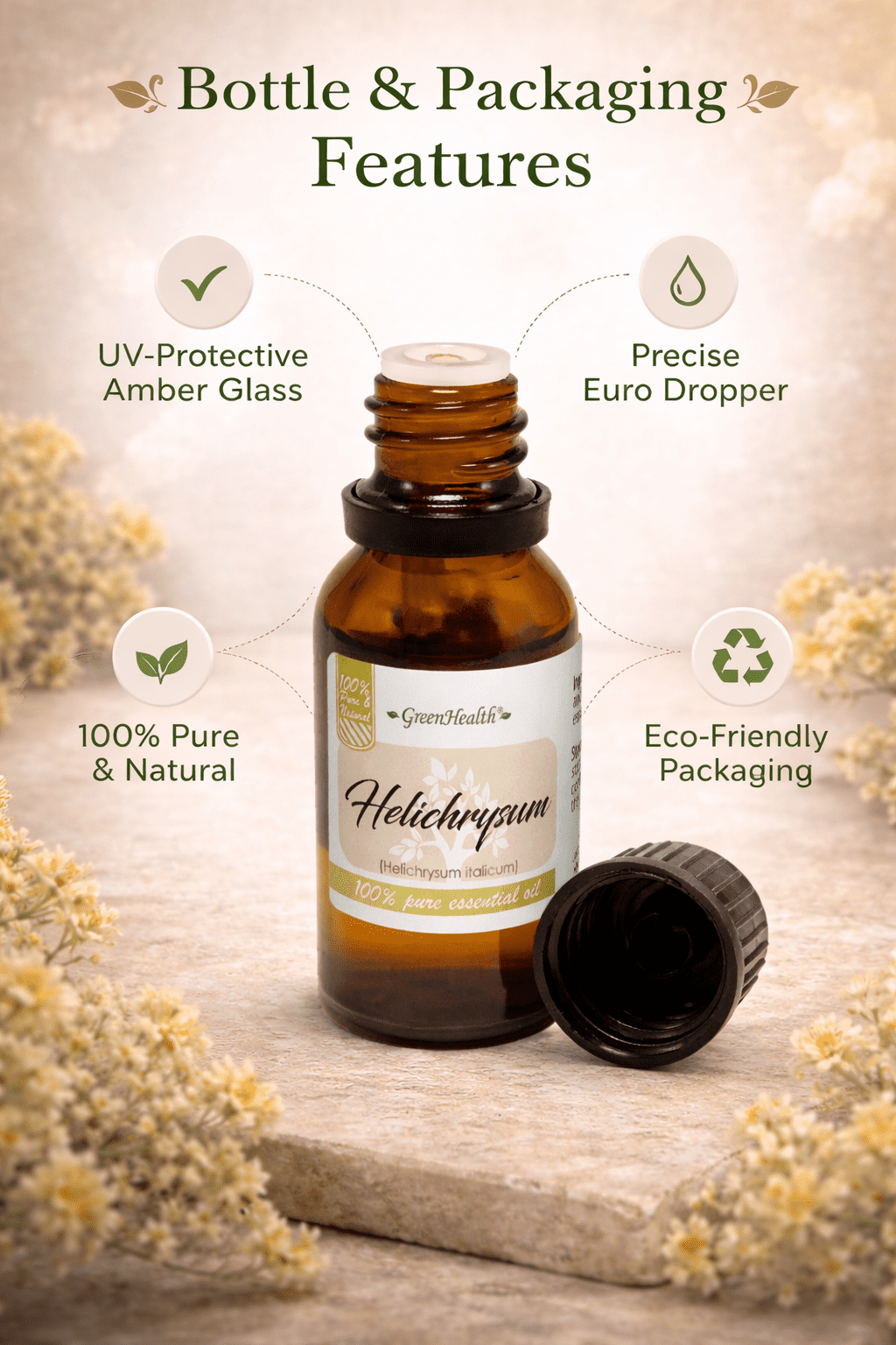GreenHealth Helichrysum Essential Oil 15 ml (0.5 fl oz) – 100% Pure Immortelle Oil, Amber Glass Bottle w/ Euro Dropper – for Aromatherapy, Skincare, DIY Beauty & Massage Oils