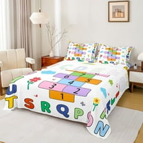 Manfei Letters Number Theme Twin Sheet Sets,Alphabet Game Twin Fitted Sheet,Cute Flower Floral Flat Sheet For Teens,Breathable Home Decor,3 Pieces