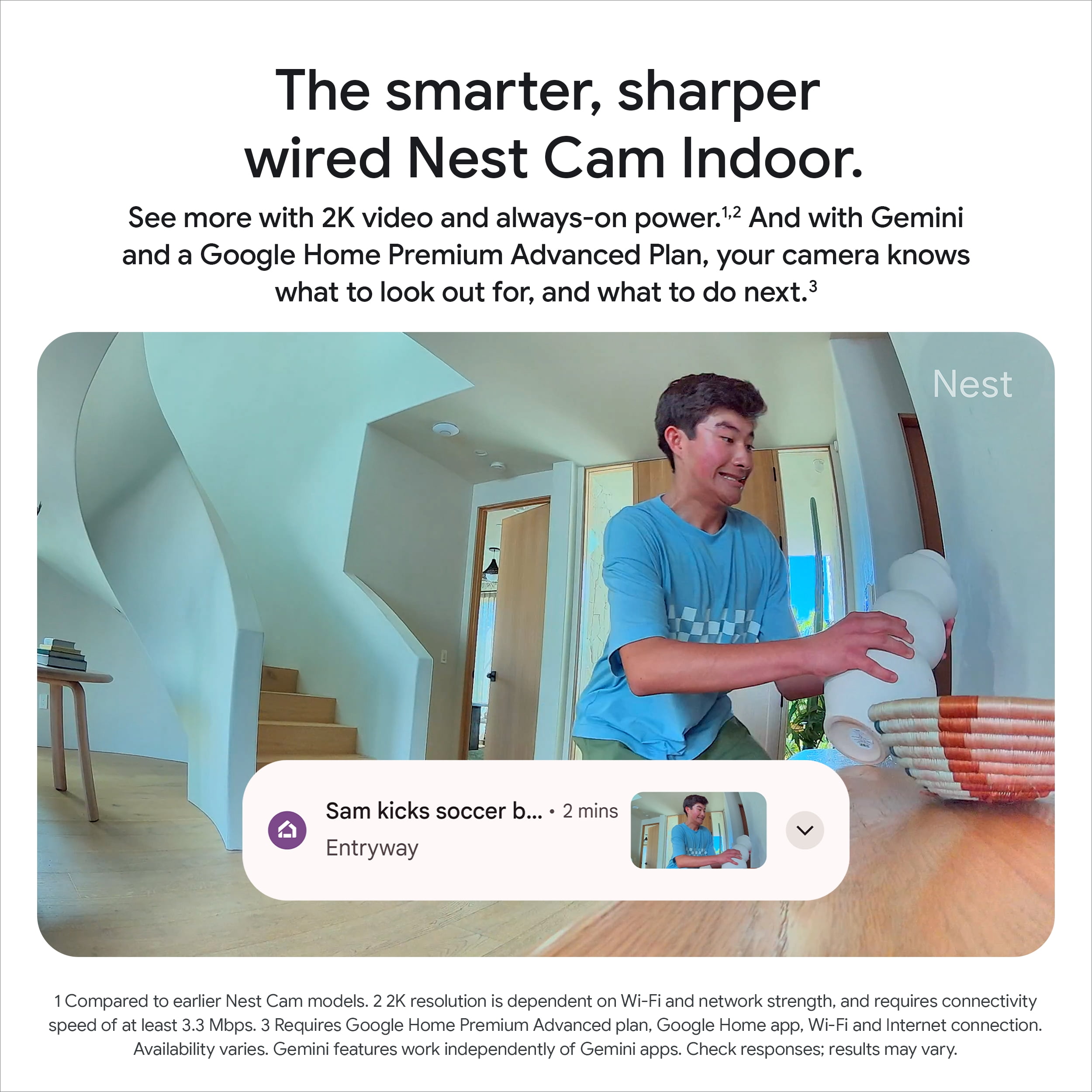 Google Nest Cam Indoor (Wired, 3rd Gen) - 2K Video and Gemini - Snow