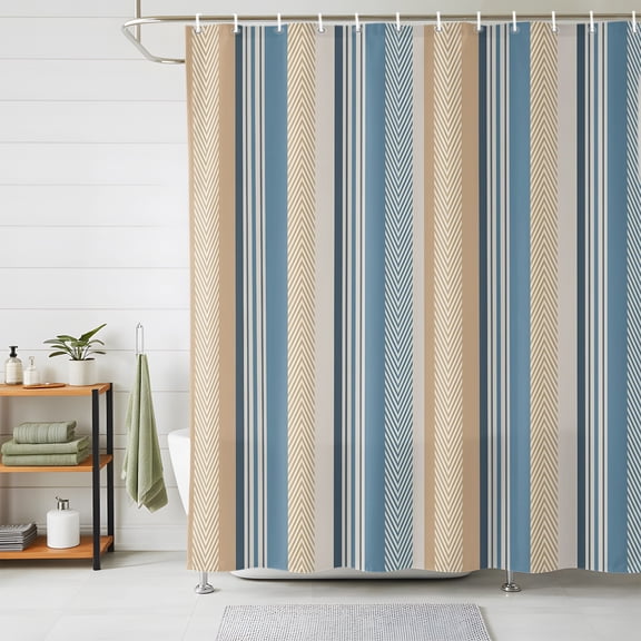 Shower Curtains for Bathroom, Blue Brown Beige Waterproof Fabric Shower Curtain, Boho Farmhouse Abstract Stripes Art Decorative Bathroom Curtain for Bathtub, 72"x78", No Hooks Included