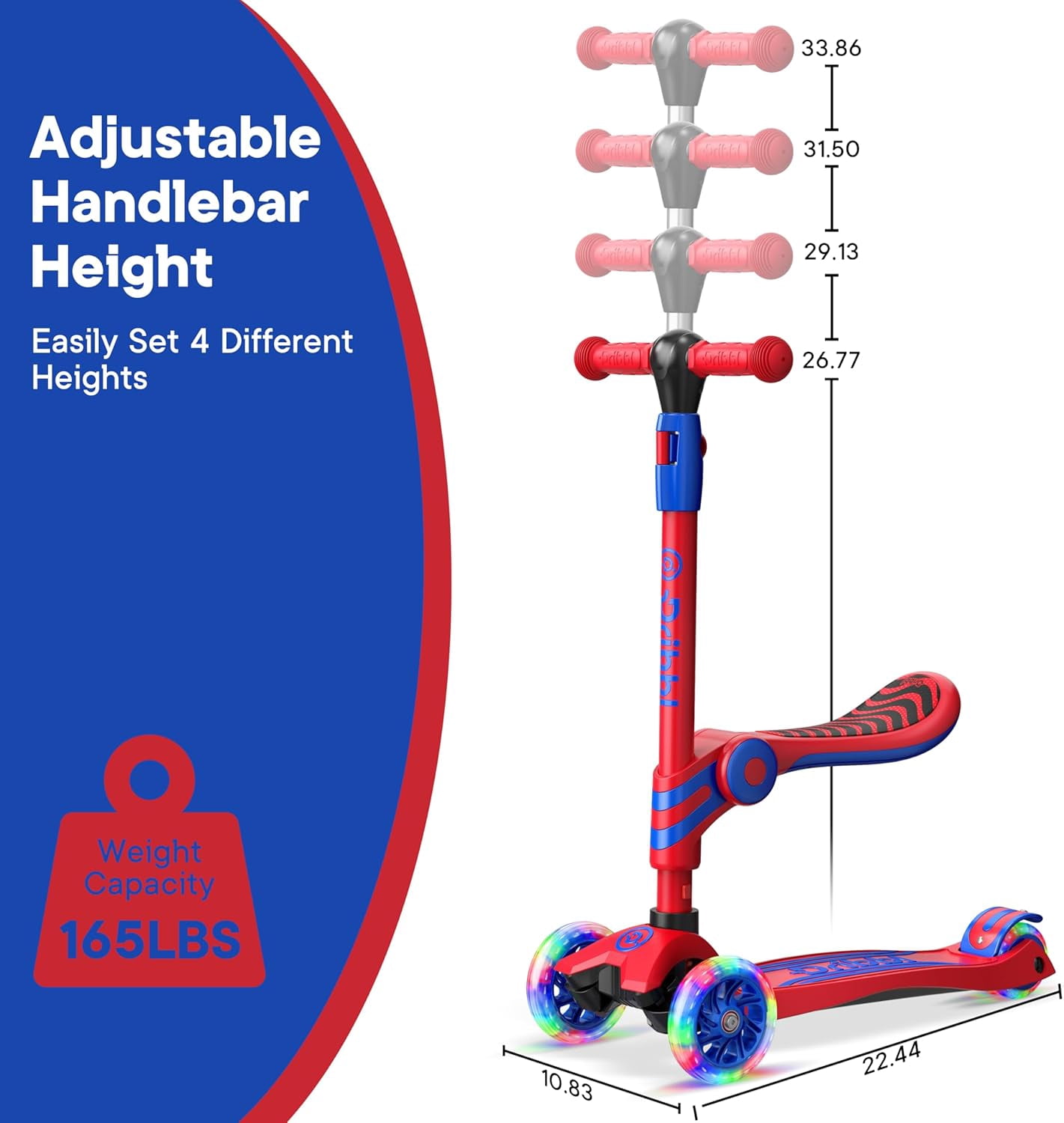 Dribbl 3-Wheel Kids Scooter with Seat, Light-Up Wheels, Adjustable Handlebar, Wide Deck & Rear Brake, Ages 2+