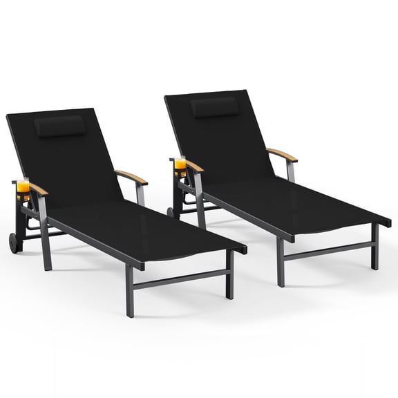 Harbweb Outdoor Chaise Lounge Chair Set of 2, 5-Position Adjustable Sun Tanning Chair with Pillow, Aluminum Patio Lounge Chair with Wheels & Armrests for Garden, Beach, Patio, Pool, Black